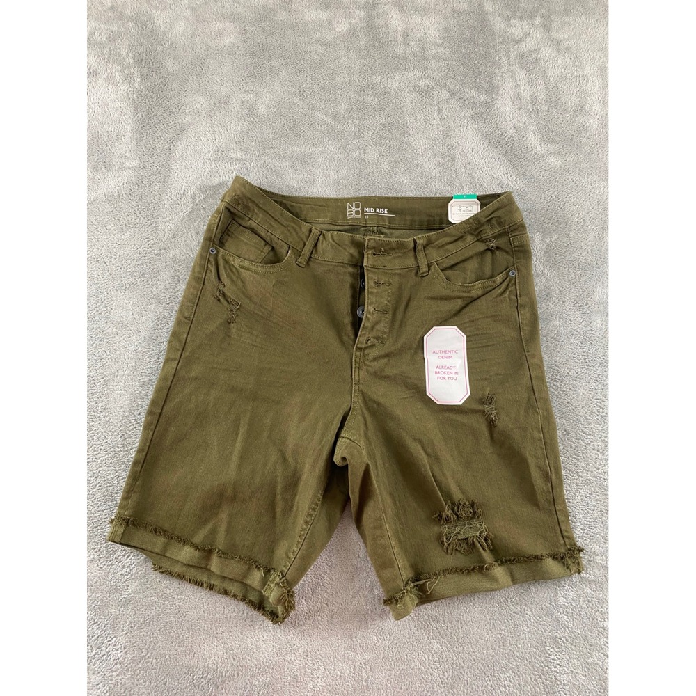 No Boundaries Womens‎ Olive Green Distressed Mid Rise Button Fly Denim Shorts 15